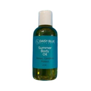 A 4-ounce bottle of Summer Body Oil with a teal label showing the product name and "Renew. Condition. Protect." The bottle has a white cap.