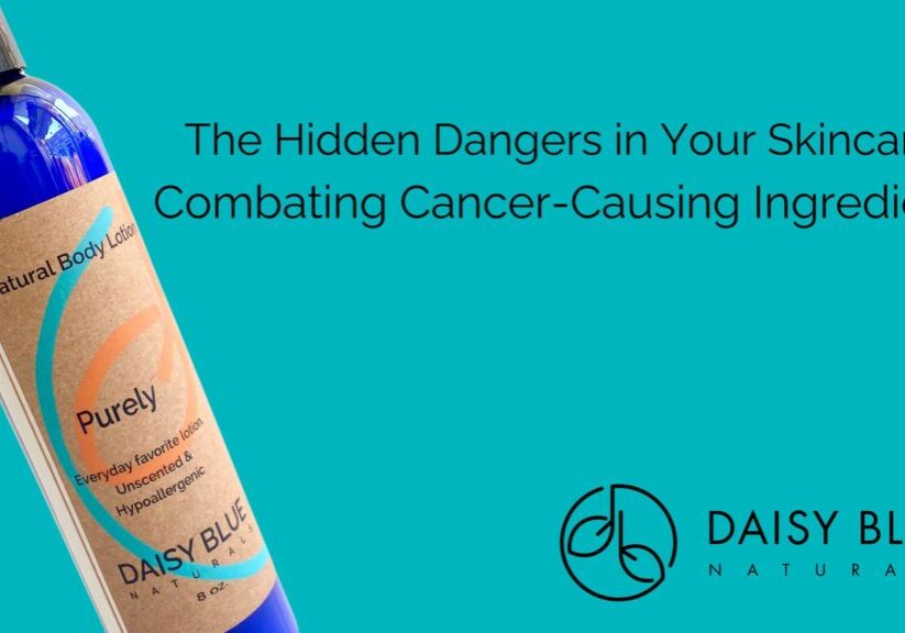 A bottle of Daisy Blue Naturals Purely body lotion on a teal background with the text: “The Hidden Dangers in Your Skincare: Combating Cancer-Causing Ingredients” and the Daisy Blue Naturals logo, highlighting hidden dangers in skincare.