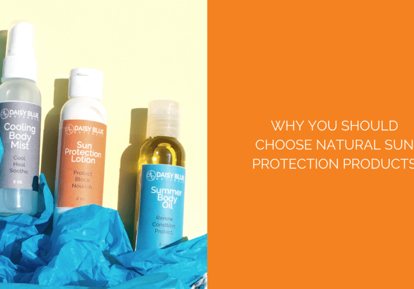 Three Daisy Blue sun protection products—Cooling Body Mist, Sun Protection Lotion, and Summer Body Oil—are displayed on blue tissue paper next to an orange section with the text "Why You Should Choose Natural Sunscreen Products.