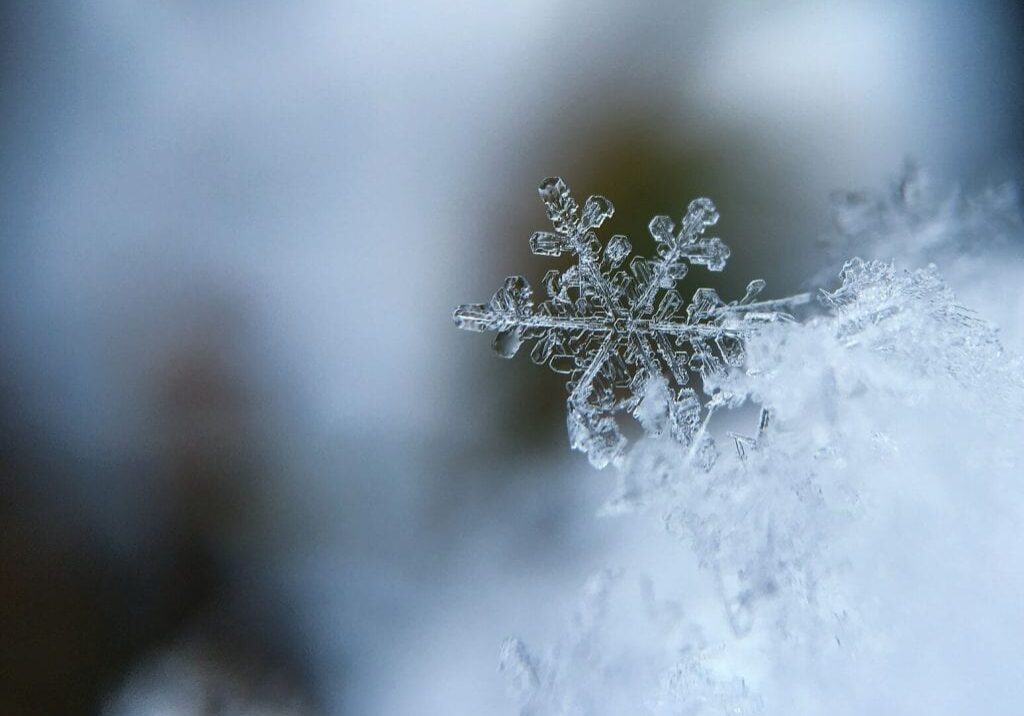 A close-up of a single, detailed snowflake resting on a pile of snow, with a soft blue and white blurred background—a perfect reminder to combat dry winter skin with essential winter skin care.