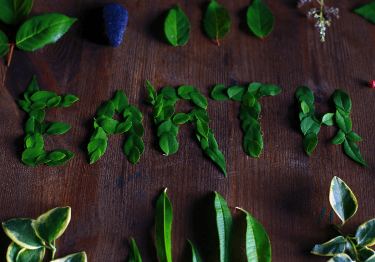 The word "EARTH" is spelled out using green leaves on a wooden surface, surrounded by various leaves, berries, and small rocks—a perfect reminder of Simple Tips to Save the Earth this Earth Day.