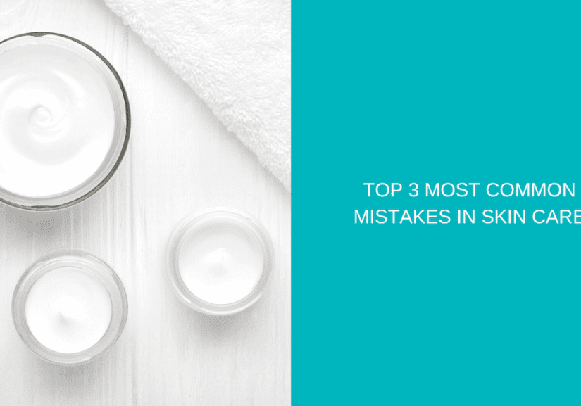 Three open jars of white skincare cream on a white surface beside a towel, with text on a turquoise background that reads, "Top 3 Most Common Skin Care Mistakes.